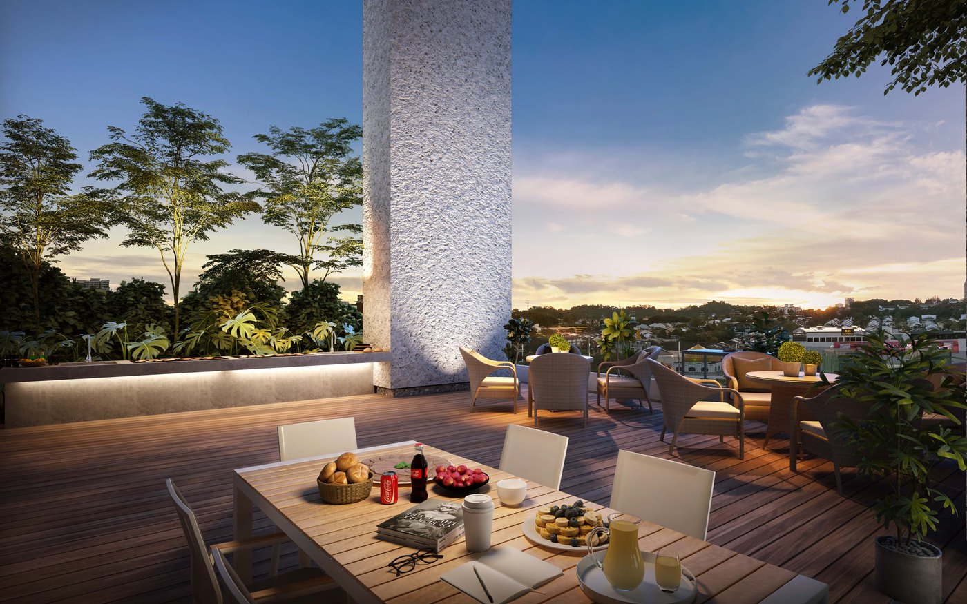 Artist's impression of the BBQ area and terrace at dusk