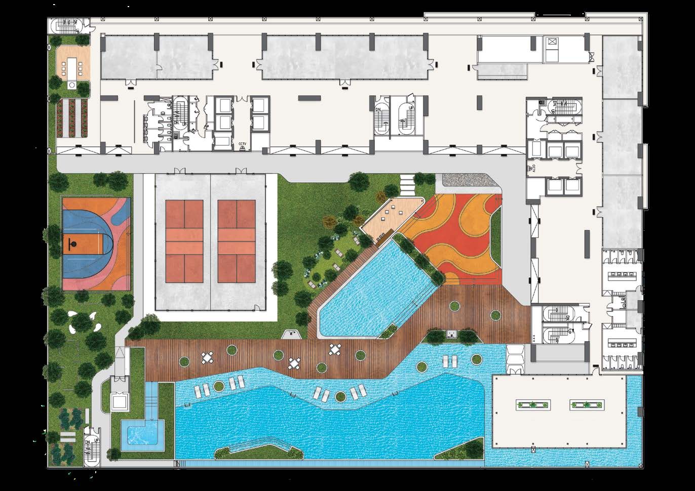 Binastra Cochrane facilities deck floor plan with pool, water play area, courts, gym and amenity rooms