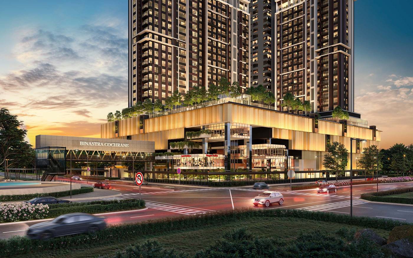Street-level dusk render of Binastra Cochrane showing lit retail podium and residential towers (artist's impression)