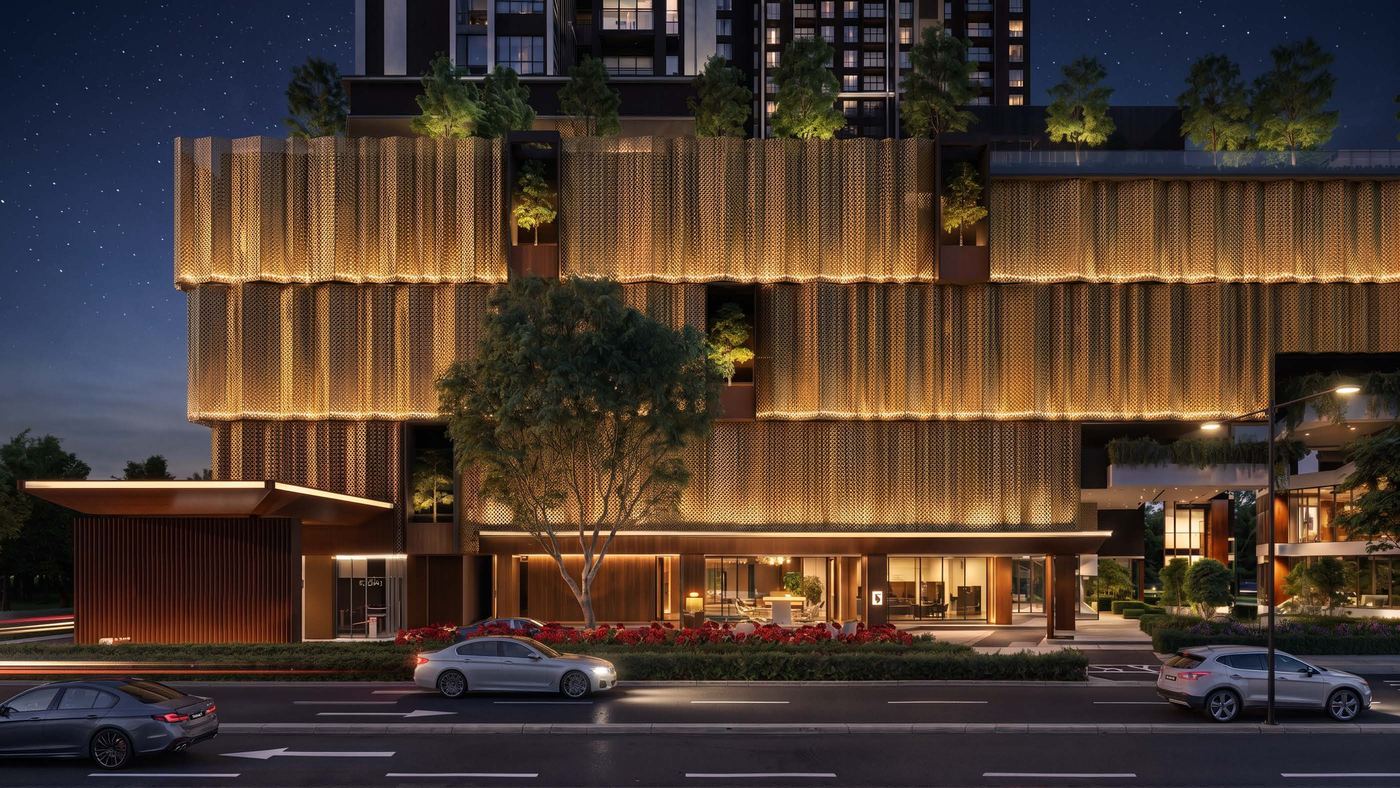 Night render of the Binastra Cochrane landscaped podium facade with vertical fin lighting (artist's impression)