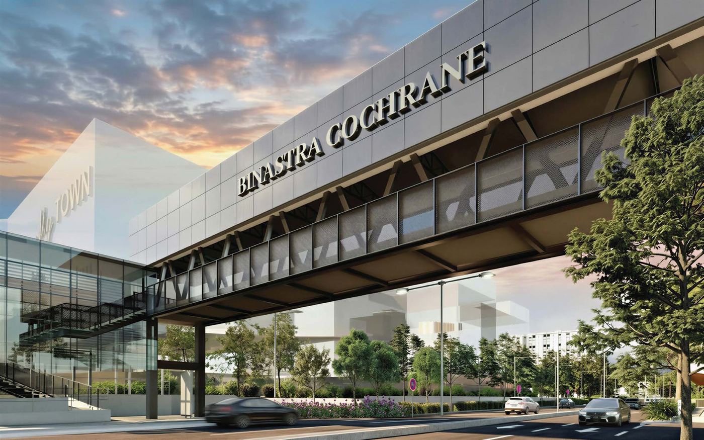 Covered link bridge render bearing the Binastra Cochrane name, connecting toward the mall and MRT (artist's impression)