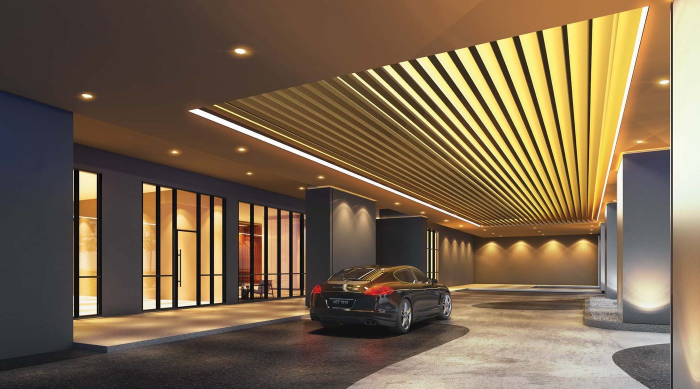Binastra Cochrane porte-cochere drop-off render with timber-slat ceiling and lit arrival lobby (artist's impression)
