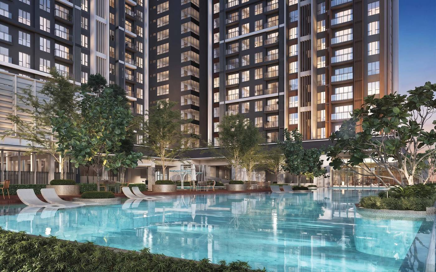 Resort-style facilities pool render with sun loungers at Binastra Cochrane (artist's impression)