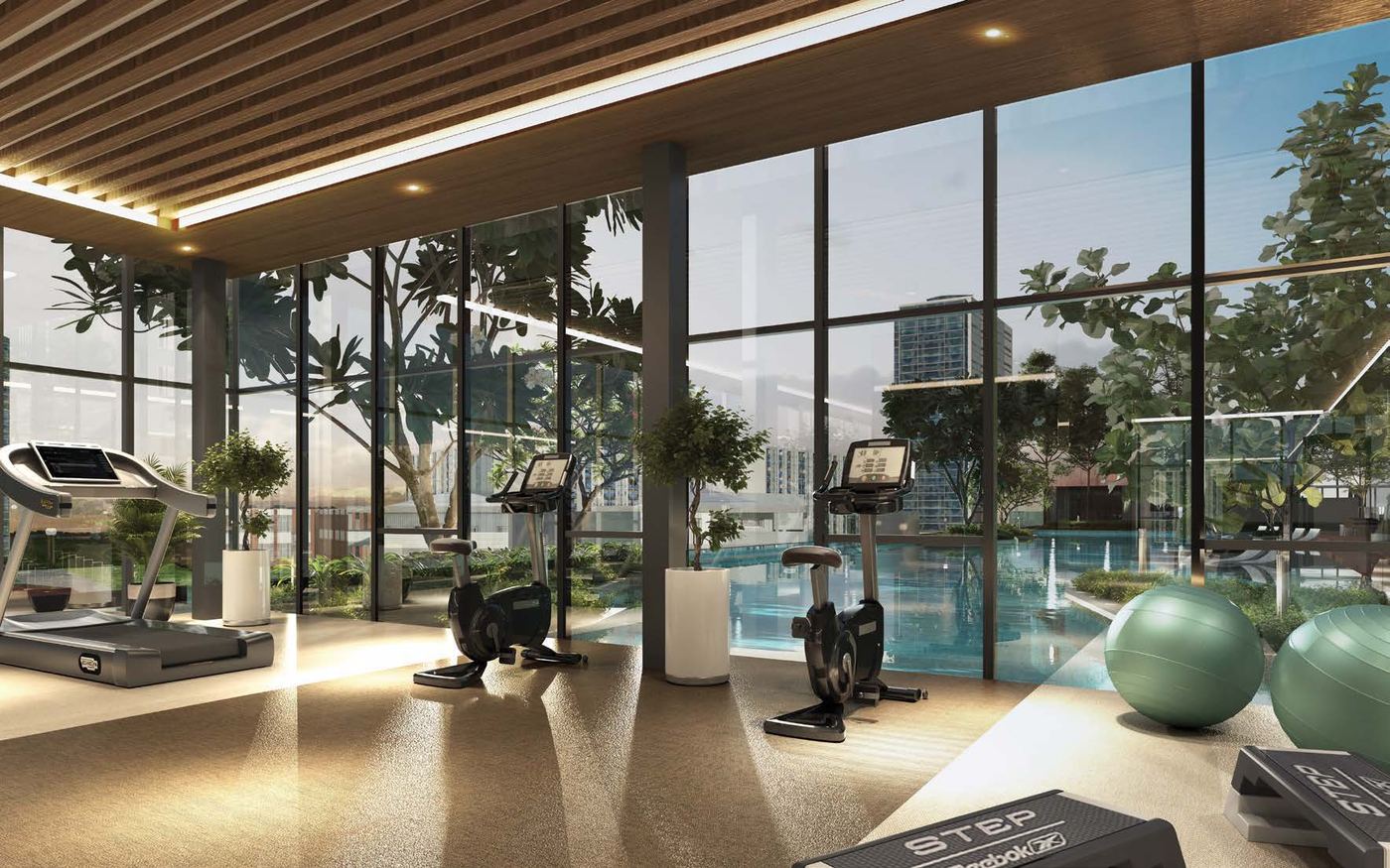 Glass-walled gymnasium render with cardio equipment overlooking the Binastra Cochrane pool deck (artist's impression)