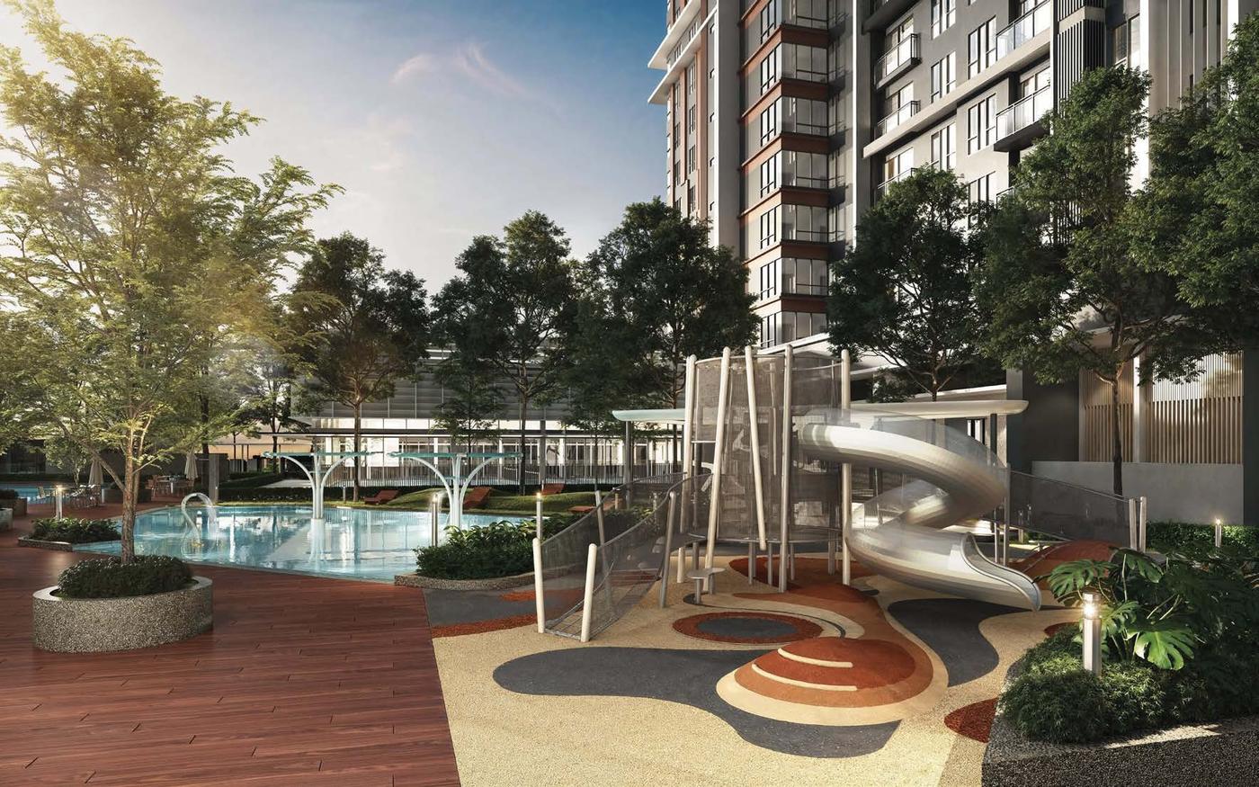 Children's playground render with slides and safety flooring beside the Binastra Cochrane pool deck (artist's impression)