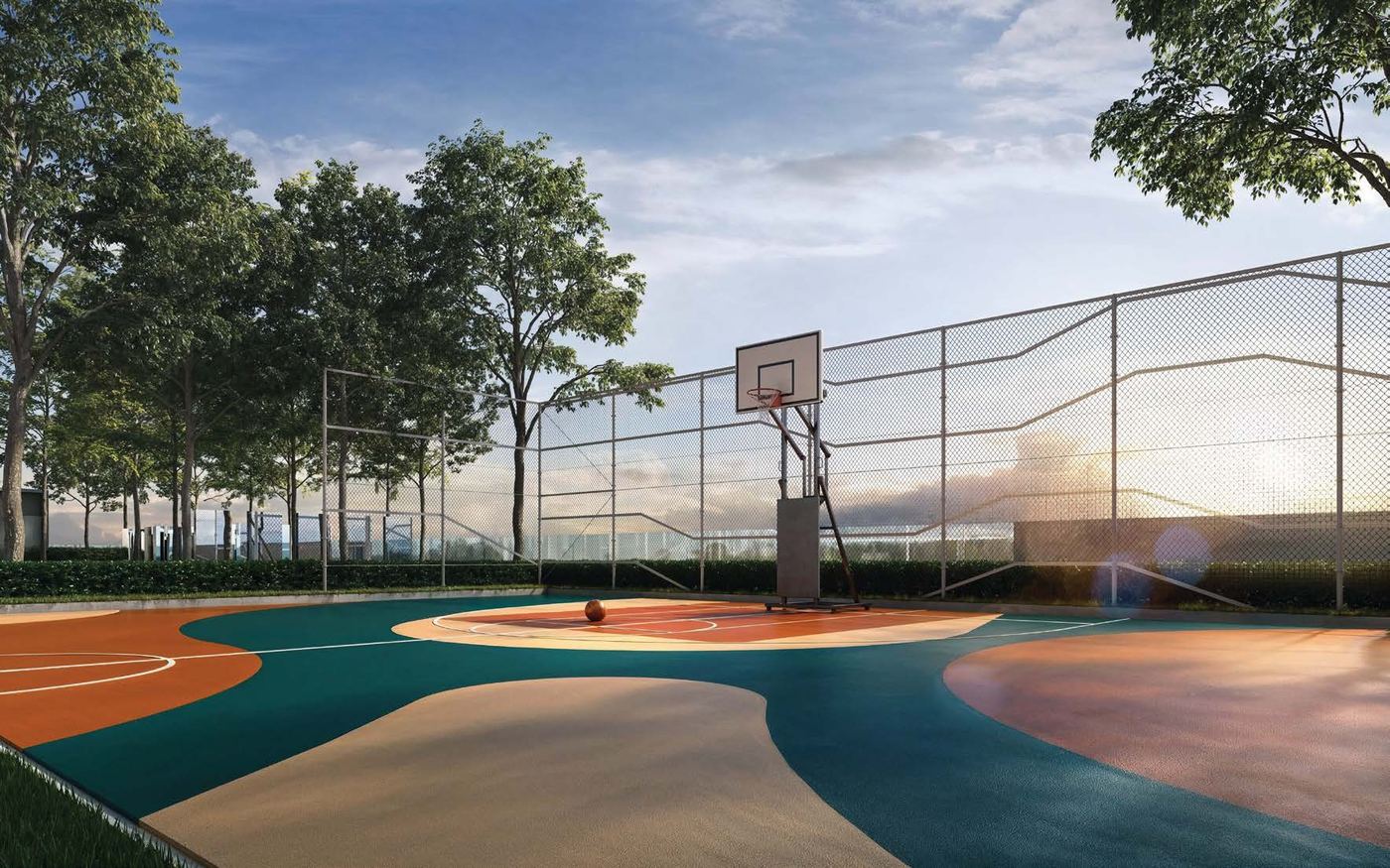 Fenced outdoor basketball half-court render in landscaped surroundings at Binastra Cochrane (artist's impression)