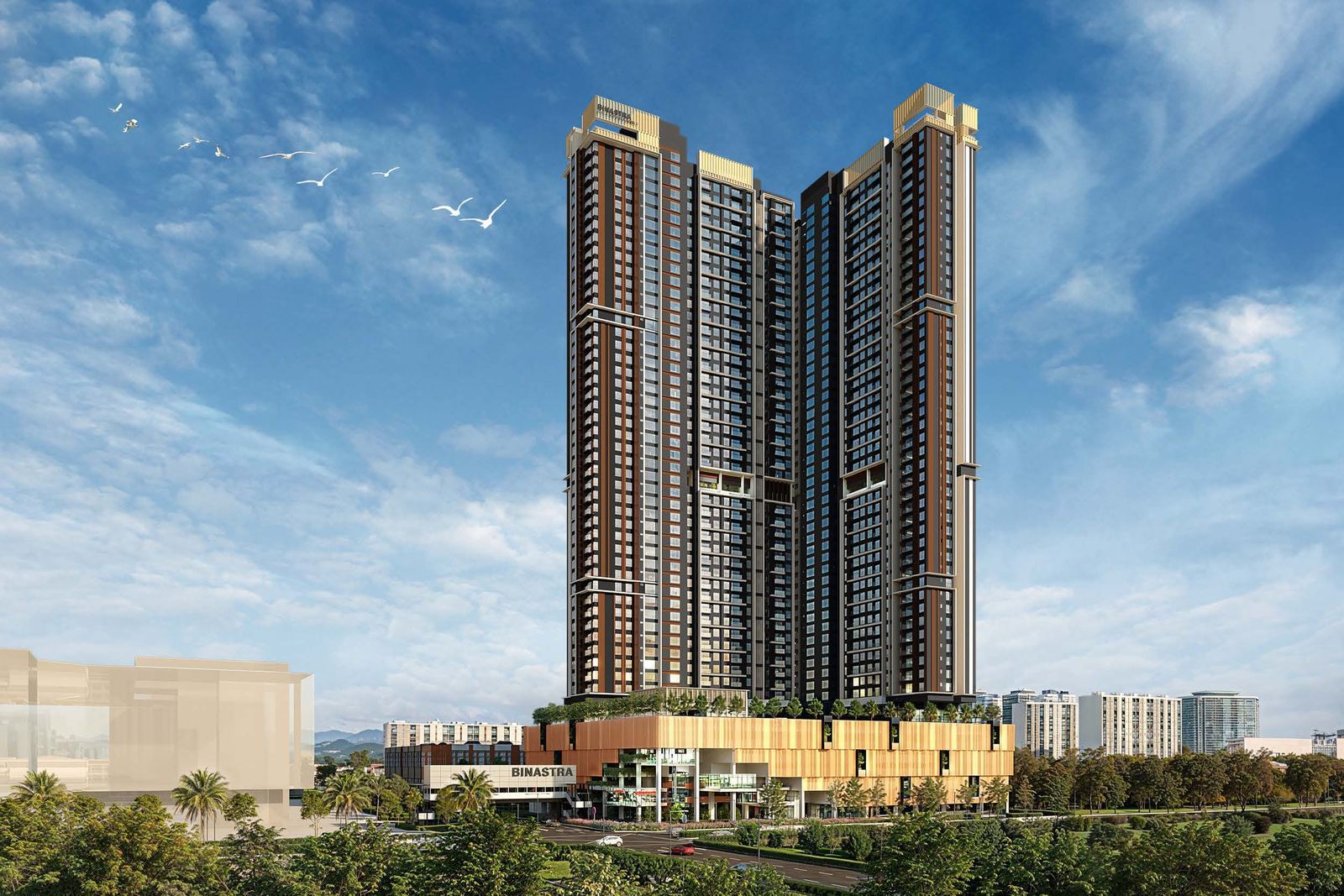 Binastra Cochrane twin-tower exterior render with retail podium, Kuala Lumpur (artist's impression)