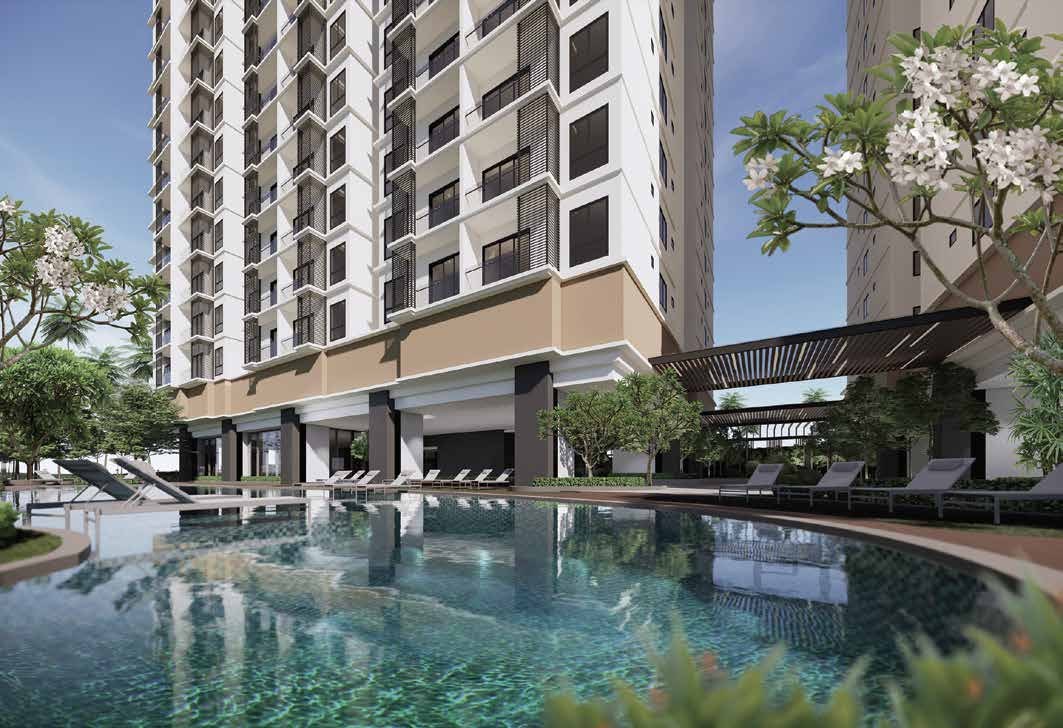 Render of the garden pool with the tower façade and planting behind