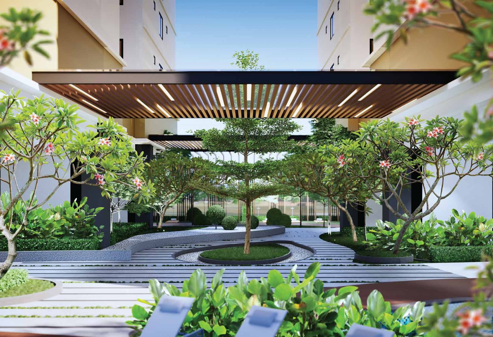 Render of the Level 5 zen garden with pergola, planting and a circular lawn