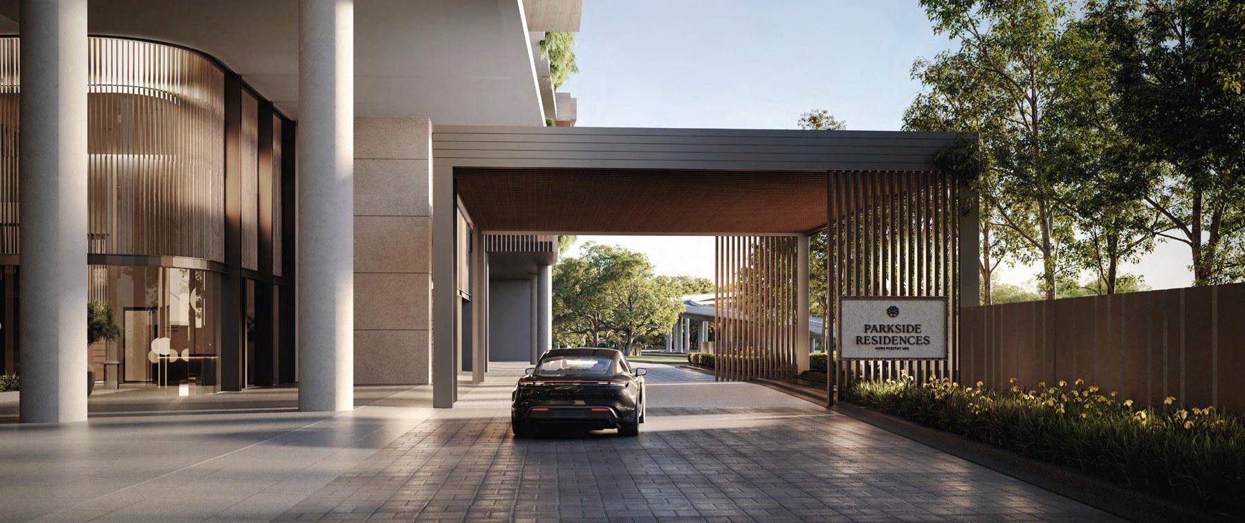 Artist's impression of the covered drop-off with garden terrace