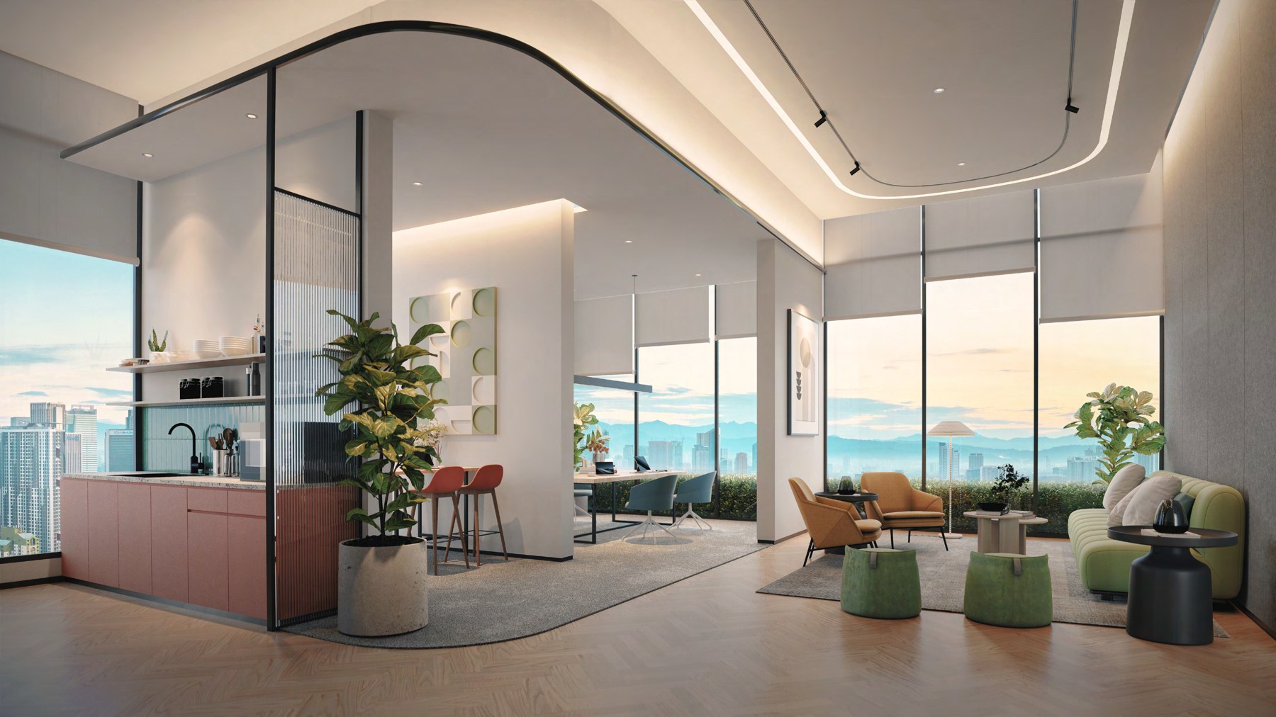 Artist's impression of the Level 43 co-working space with seating and a pantry