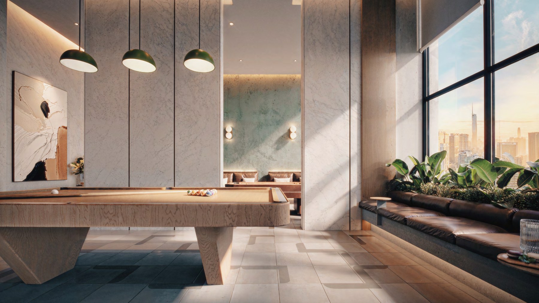 Artist's impression of the Level 43 games room with a pool table under pendant lighting