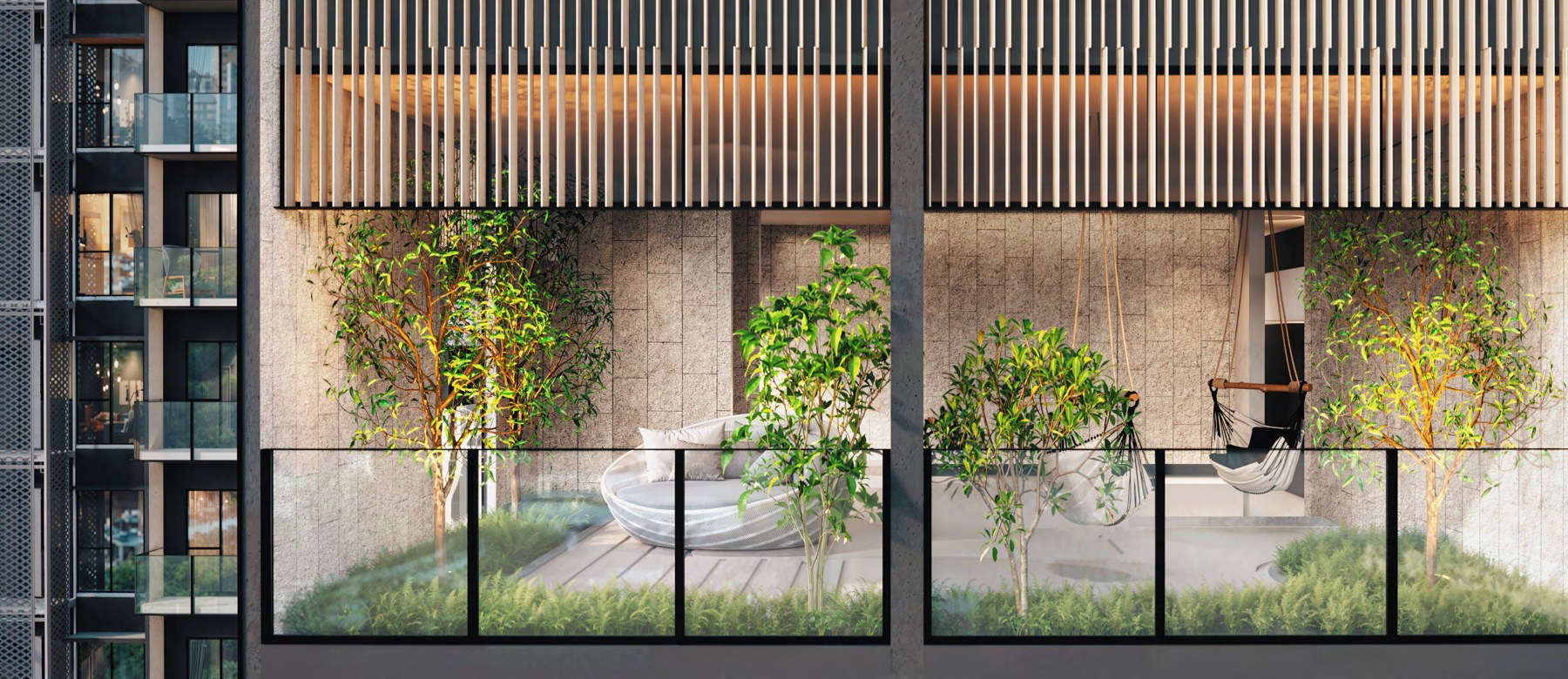 Artist's impression of the Level 43 hammock garden with planting and timber screens