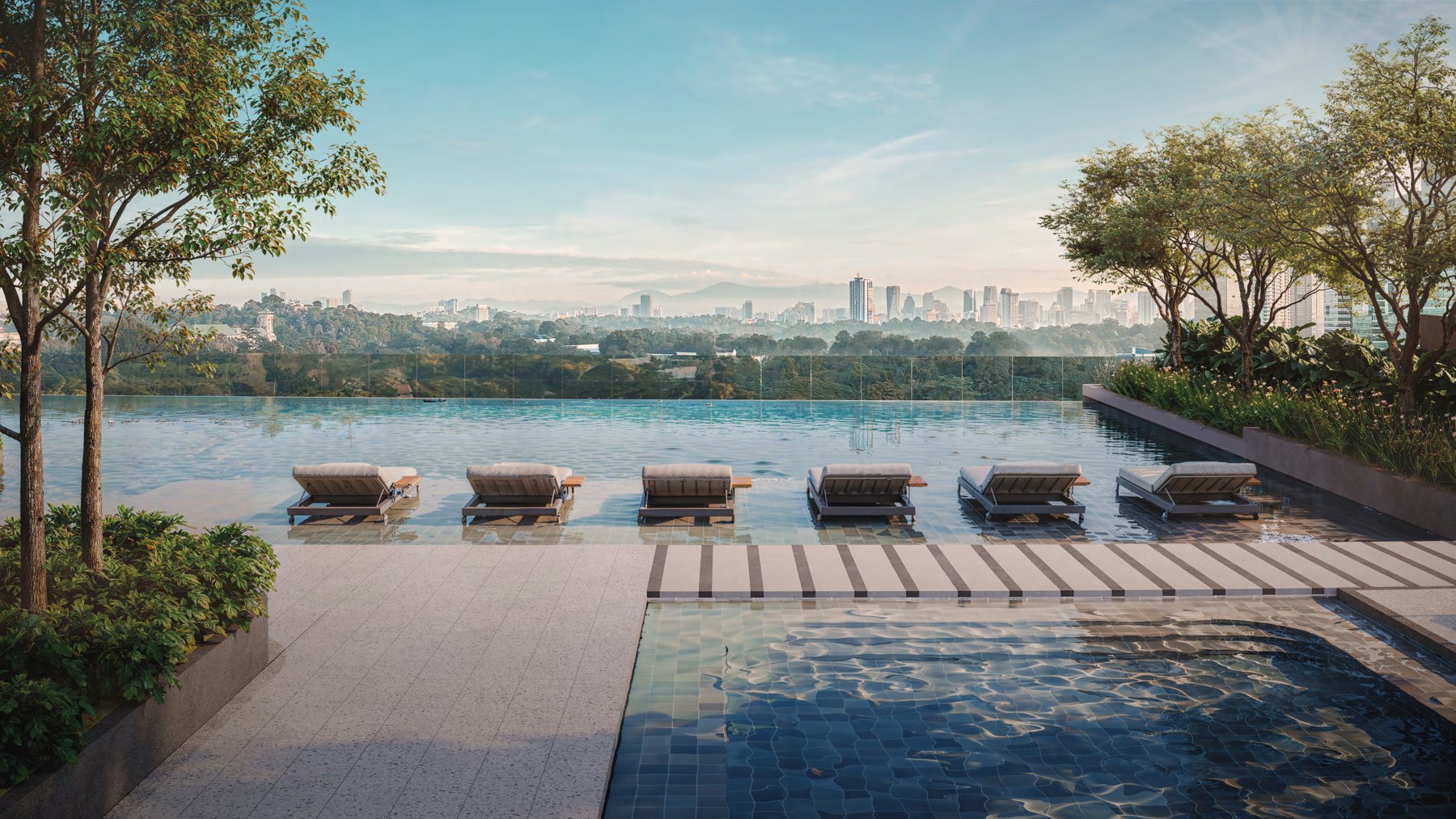 Artist's impression of the Level 8 infinity pool with loungers and the city beyond