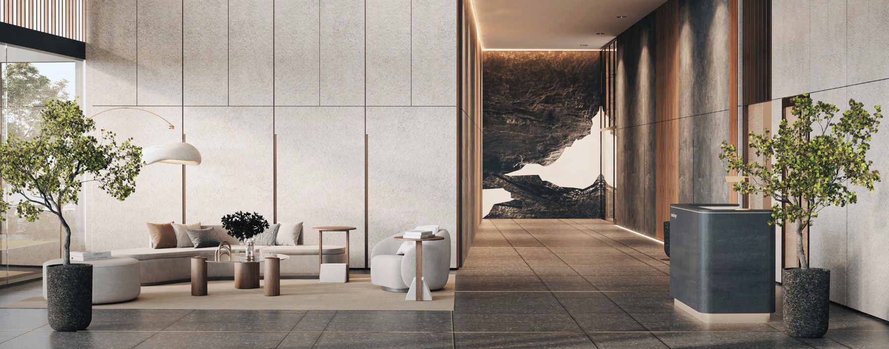 Artist's impression of the ground floor main lobby with seating and a stone feature wall