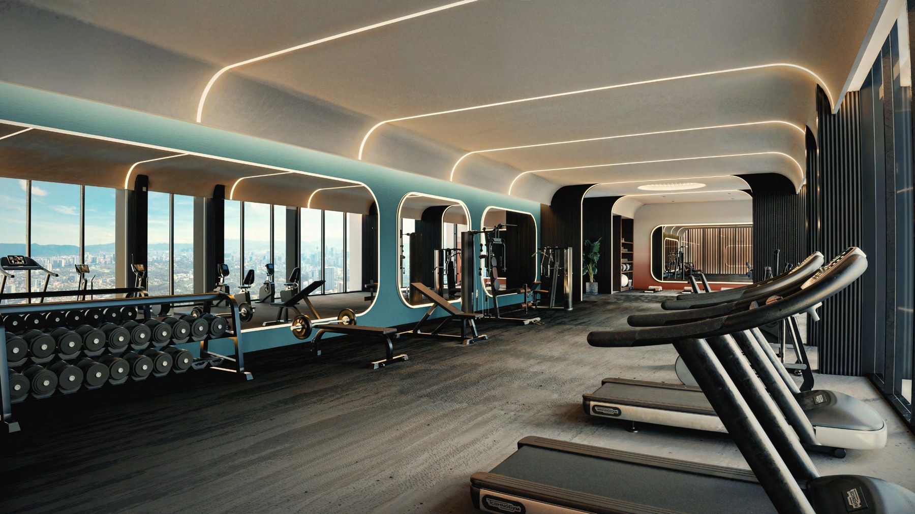 Artist's impression of the Level 61 sky gym with cardio equipment along a glazed wall
