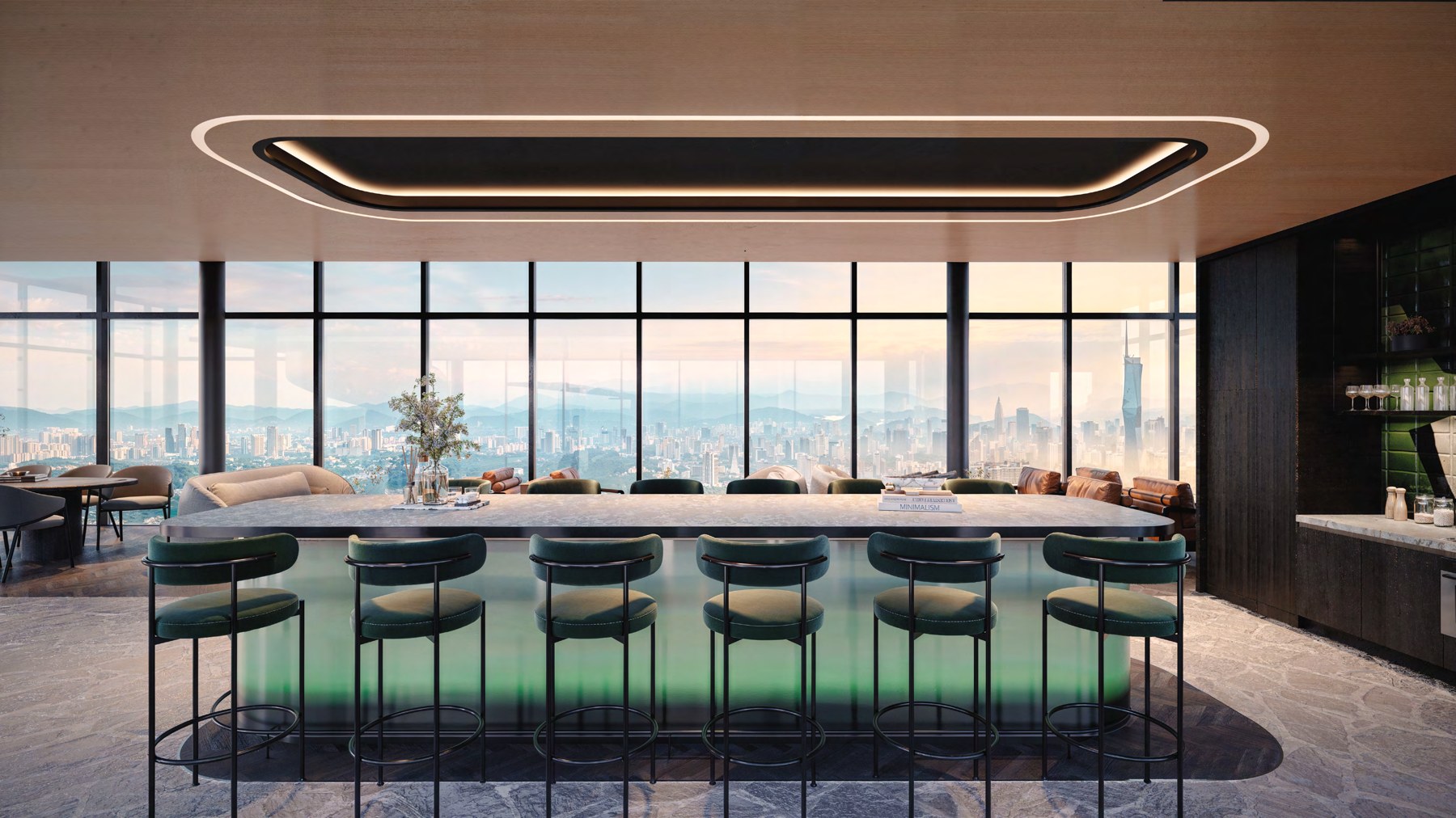 Artist's impression of the Level 61 sky lounge with a long counter facing the skyline