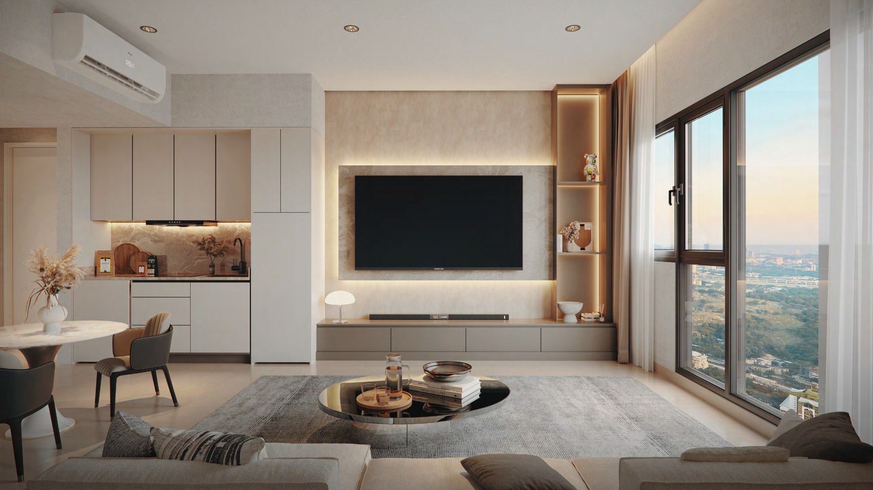 Artist's impression of a Type B living room with full-height glazing