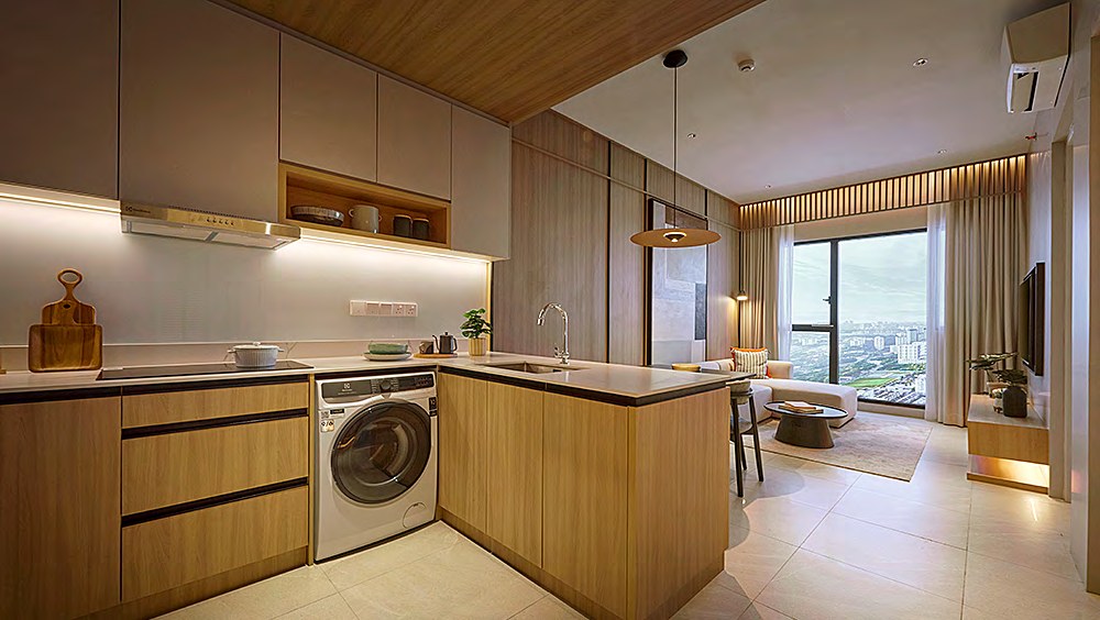 Artist's impression of a Type C1 kitchen and living area