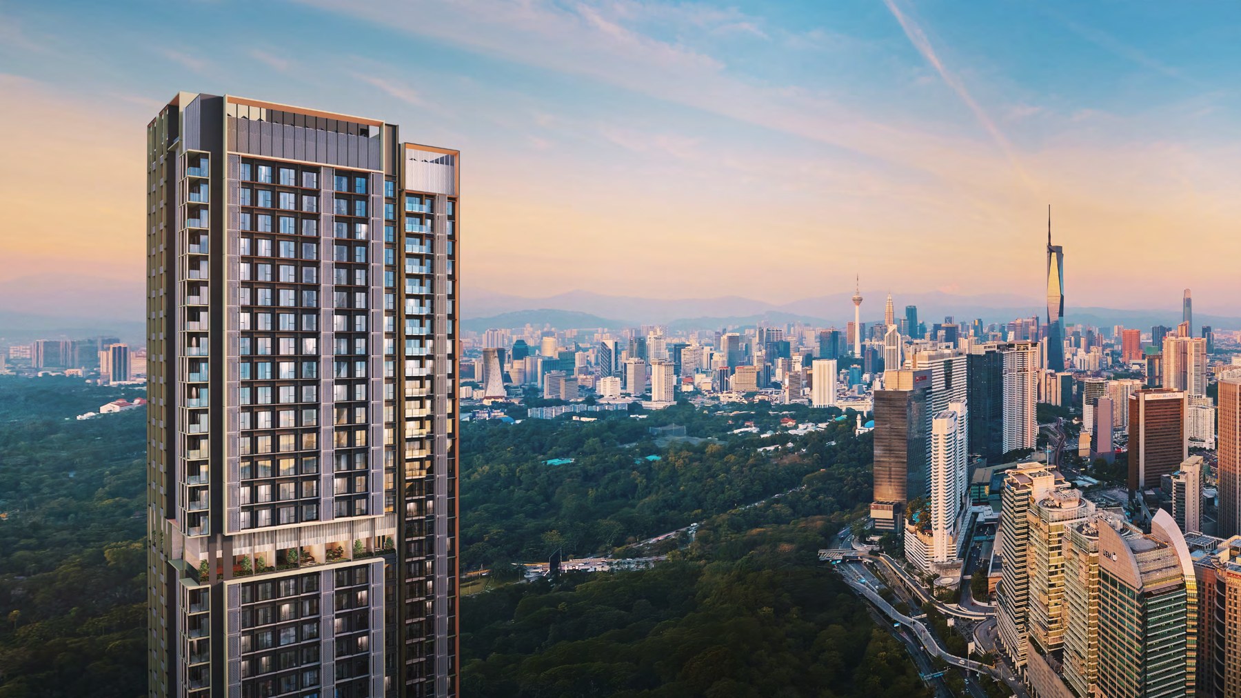 Developer's artist's impression of the Parkside Residences tower above the Kuala Lumpur skyline at dusk