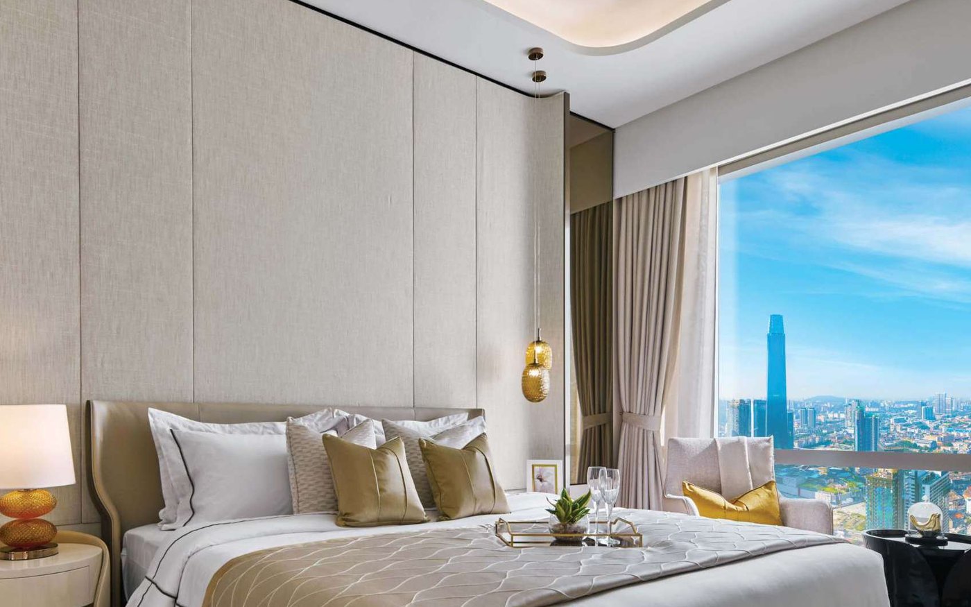 Artist's impression of a bedroom with the KLCC skyline through the window