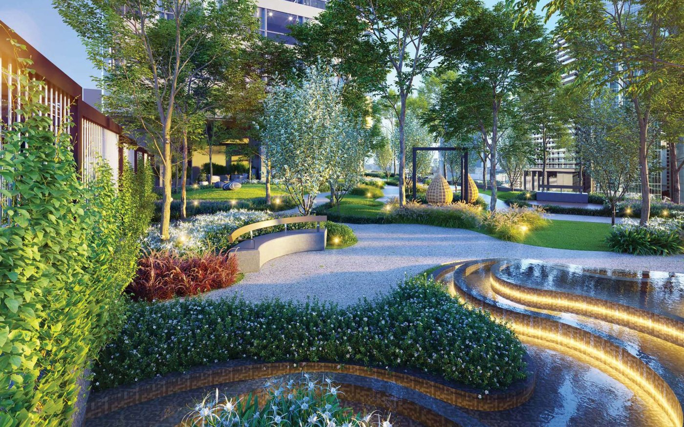 Artist's impression of the Level 12 courtyard garden water feature at dusk