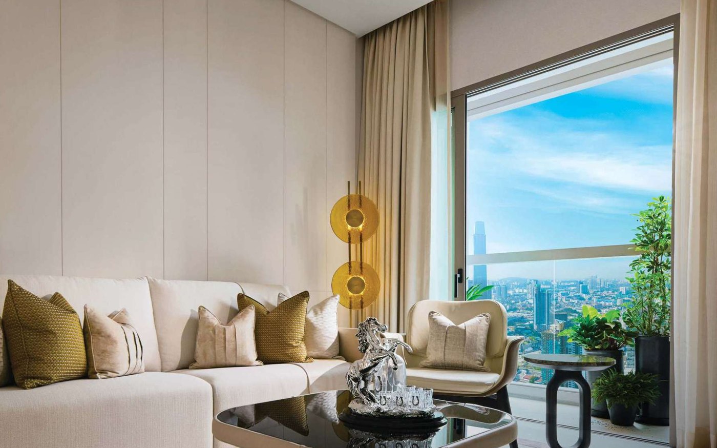 Artist's impression of a living room opening to a balcony with a city view