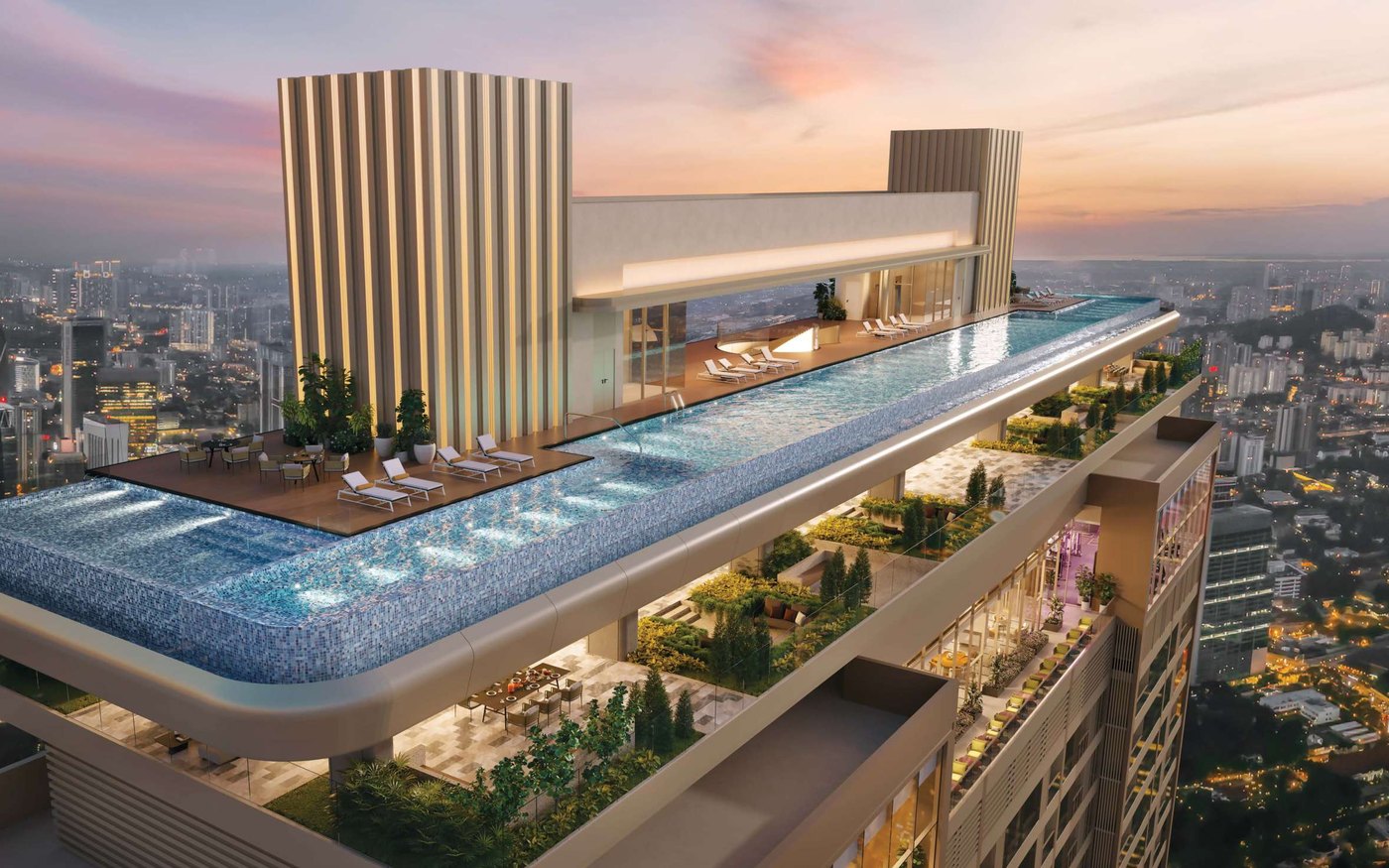 Artist's impression of the rooftop pool deck seen from above at dusk