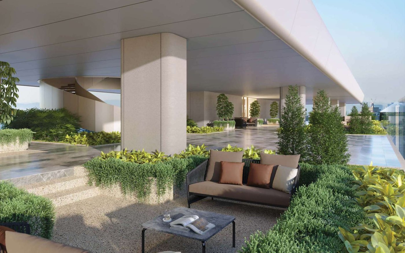 Artist's impression of a planted terrace with seating on the sky garden floor